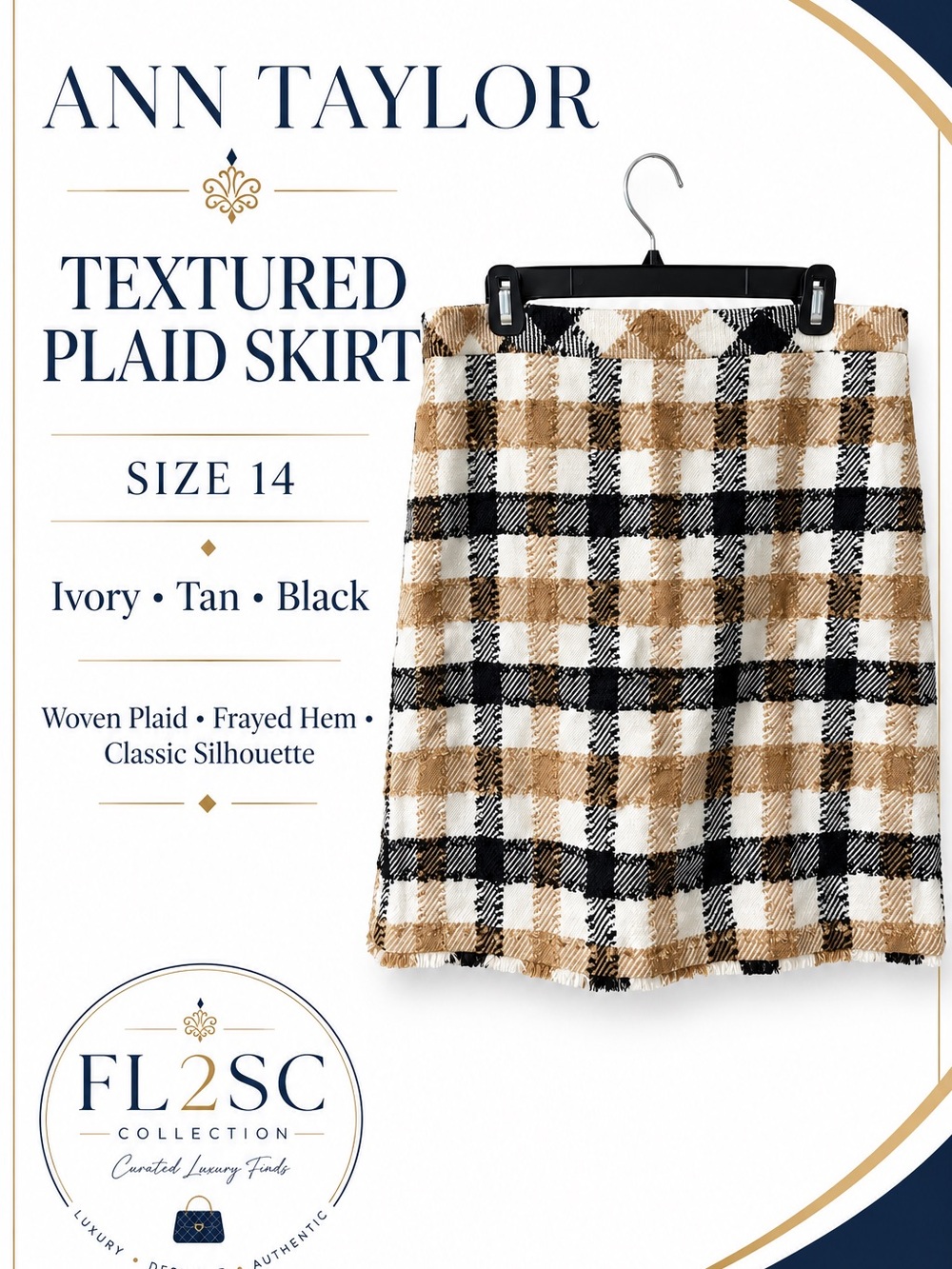 Ann Taylor Ivory, Tan & Black Textured Plaid A-Line Skirt